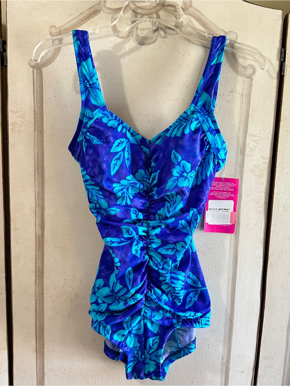 NWT Rose Marie Reid Y2K Slimming Blue w Aqua Floral Ruched One-Piece Swimsuit 12
